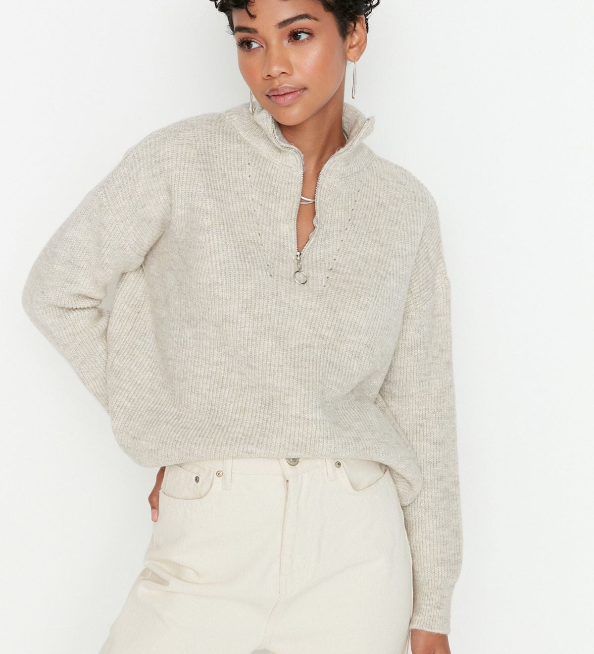Women's Cozy Beige Quarter-Zip Knit Sweater with Ribbed Details