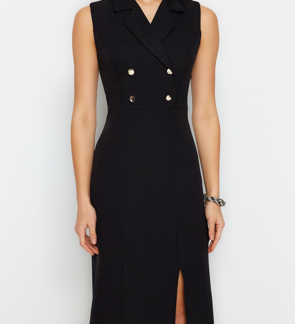 Elegant Black Double-Breasted Sleeveless Midi Dress