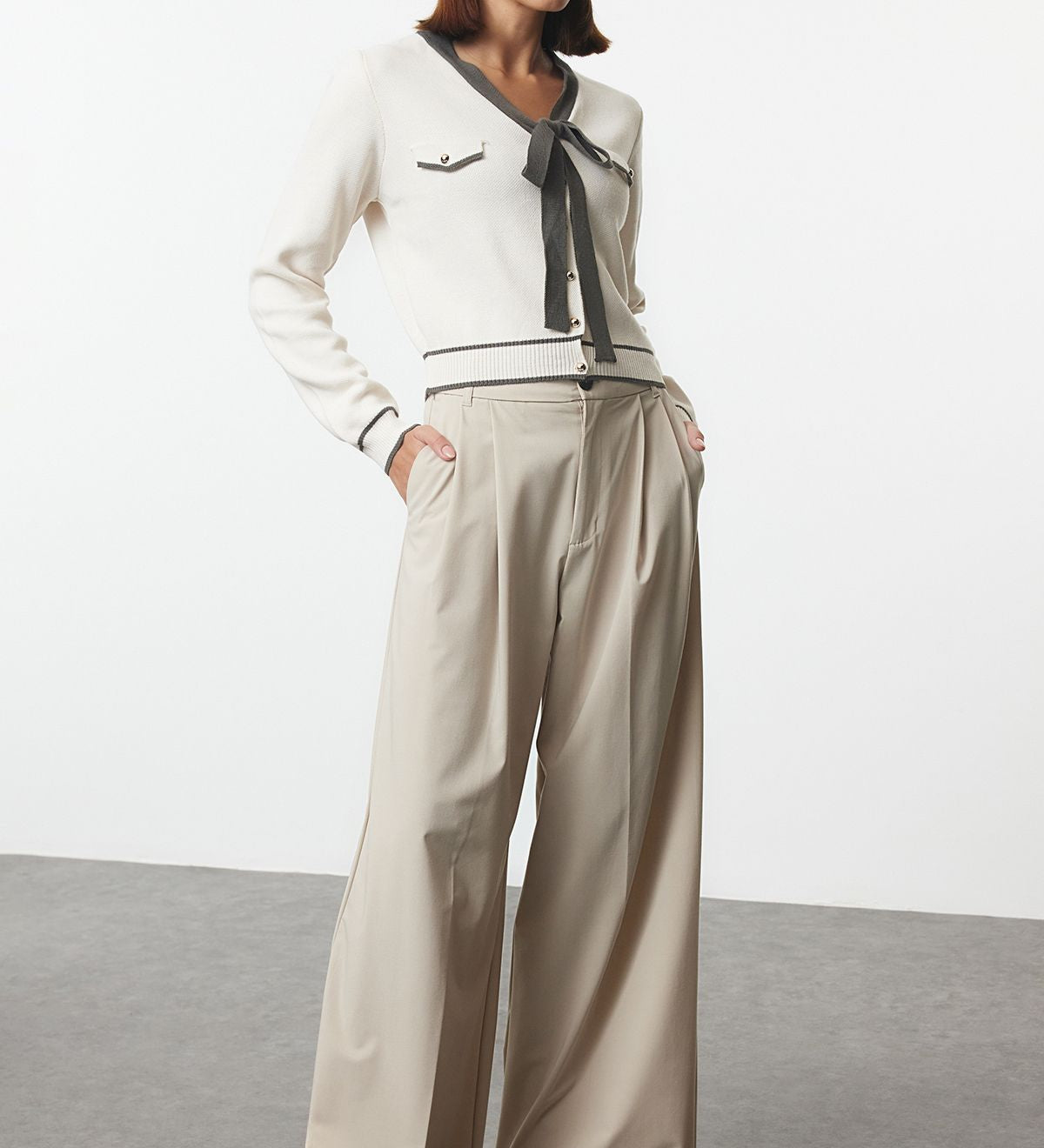 Bow Tie Contrast Trim Cardigan - Elegant White and Gray Knit Sweater