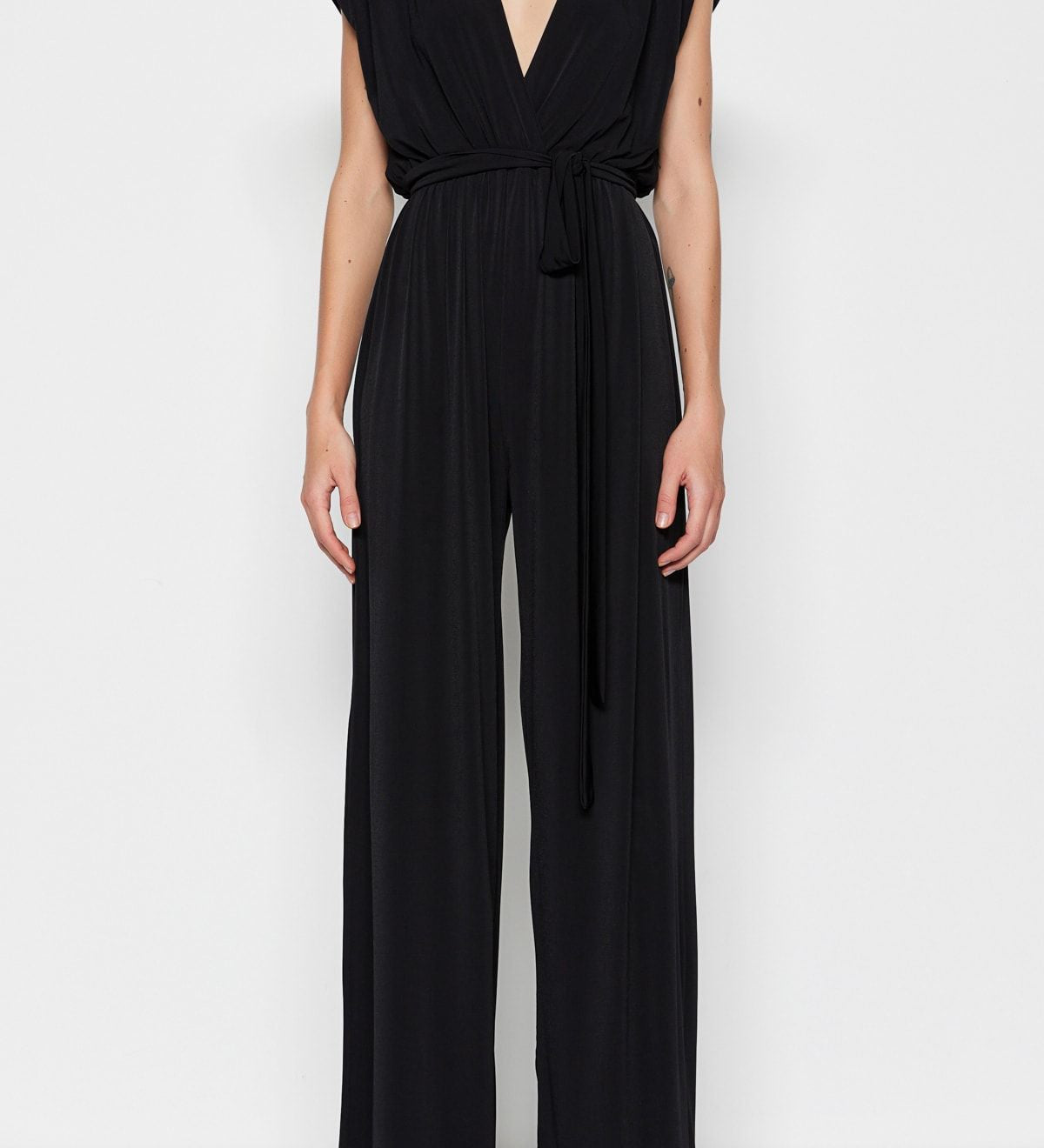 Elegant Black Wide-Leg Jumpsuit with Belted Waist - Women’s Sophisticated Evening Wear