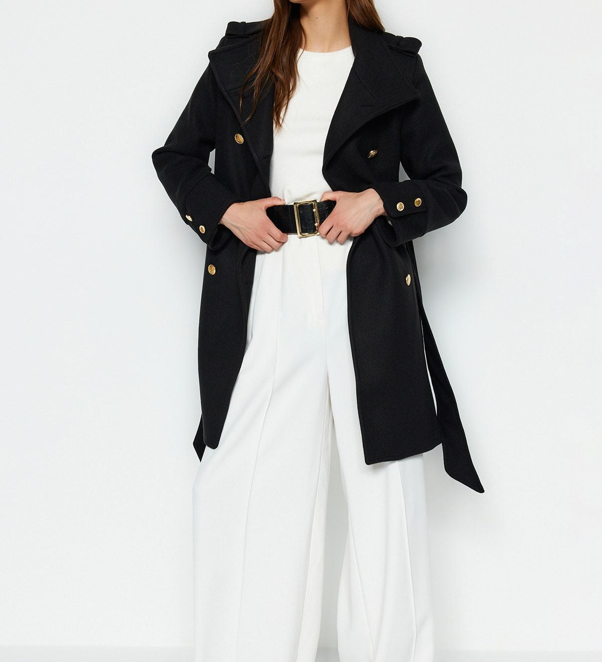 Women’s Double-Breasted Belted Black Trench Coat – Timeless Elegance for Every Season