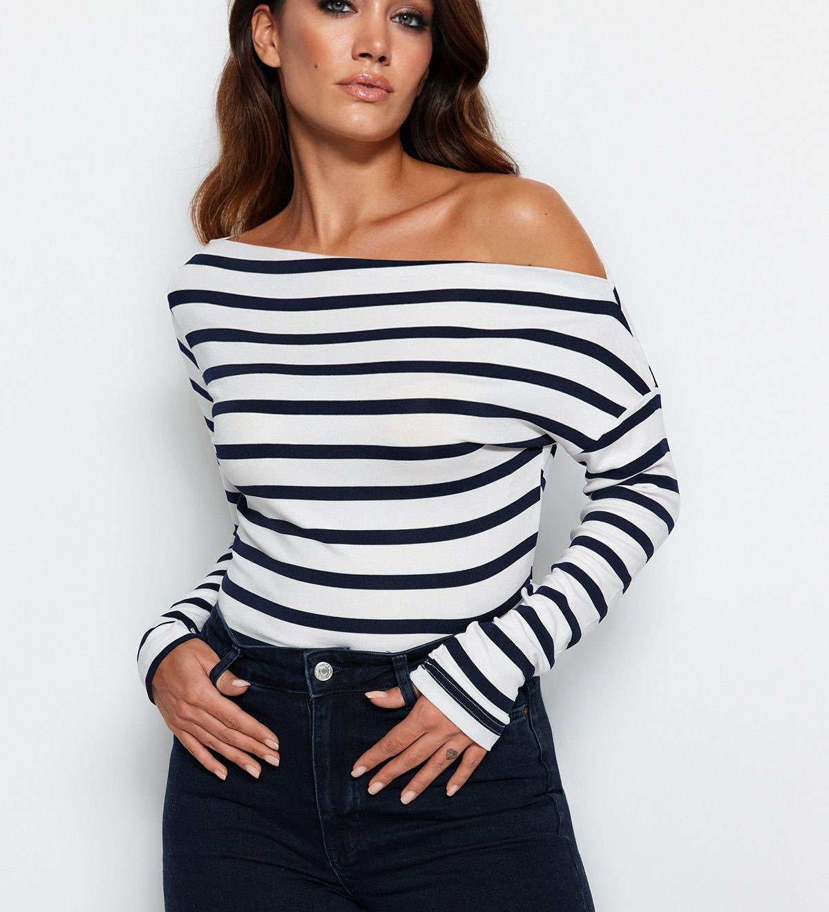 Striped off-shoulder top, long sleeve off-shoulder shirt, nautical striped top, women’s fitted top, chic casual top, off-shoulder blouse, navy and white striped shirt, trendy women’s fashion, elegant tops for women