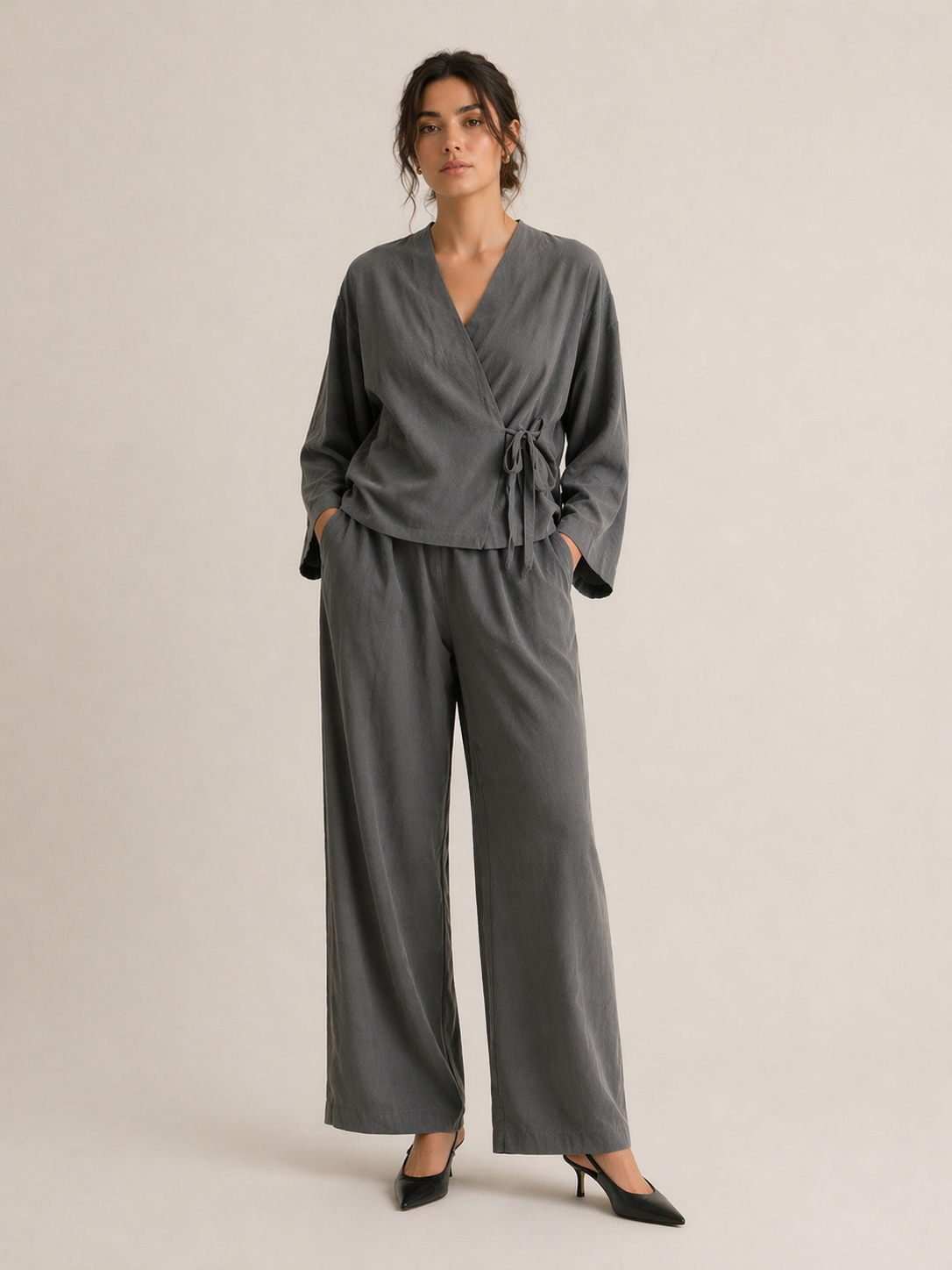 Charcoal Wrap Lounge Set | Relaxed Two-Piece Wide-Leg Outfit | AtikaStyle