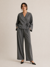 Charcoal Wrap Lounge Set | Relaxed Two-Piece Wide-Leg Outfit | AtikaStyle