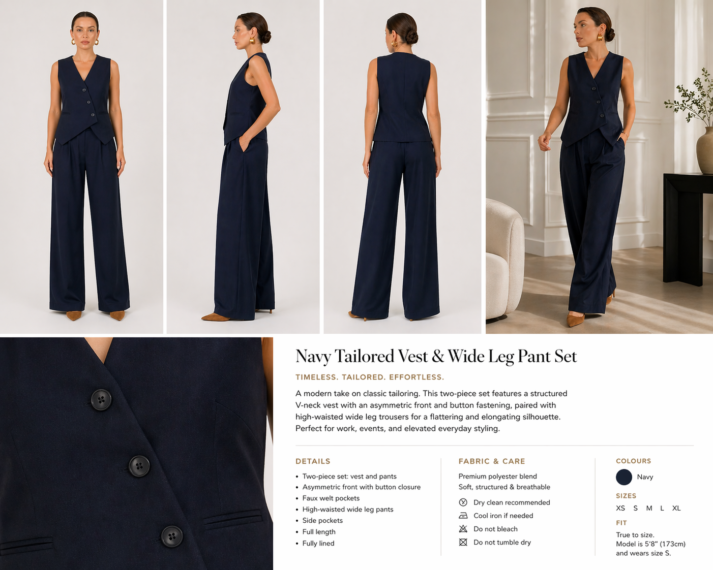 Navy Structured Tailored Vest & Wide Leg Pant Set | Asymmetrical Two-Piece Outfit | AtikaStyle