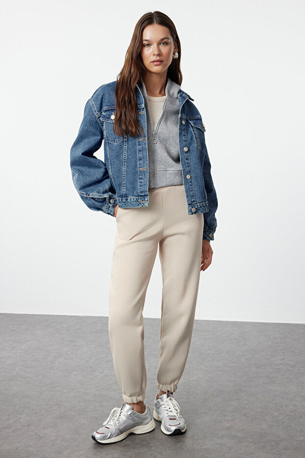 Blue Oversize Denim Jacket | Sleeve Seam Detail | AtikaStyle