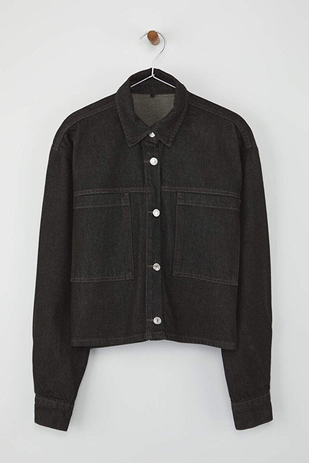 Black Oversize Denim Jacket | Pocket Detail, Regular Length | AtikaStyle
