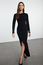 Black Draped Knit Maxi Dress by AtikaStyle – maxi length, wrap design