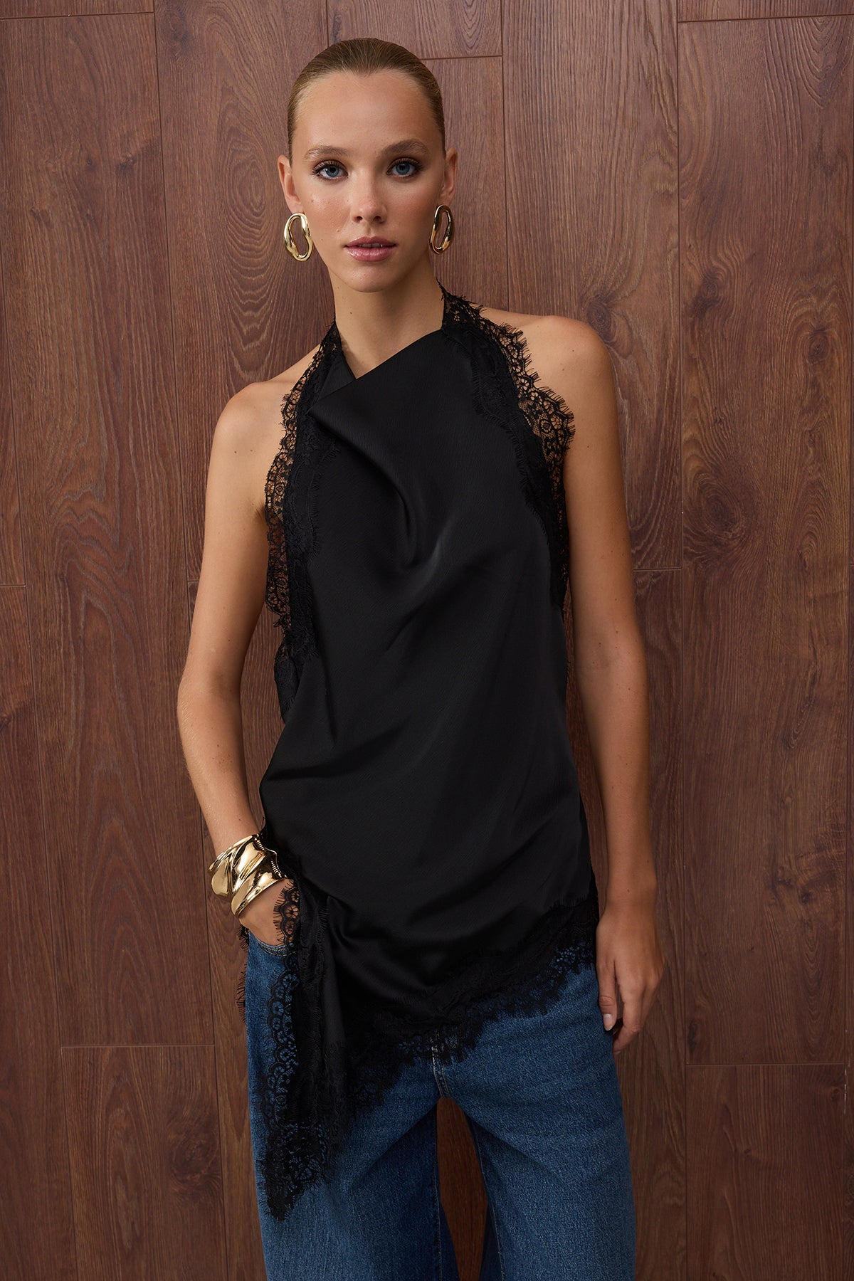 Elegant Black Satin Cowl Neck Asymmetric Party Blouse Trendyolmilla Collection