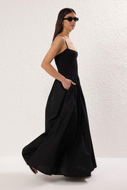 Black Spaghetti Strap Maxi Dress – Sleeveless A-Line Formal Gown | Atikastyle
