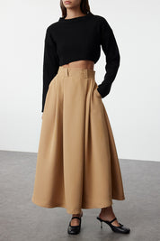 Mink Pleated Maxi Length Woven Skirt