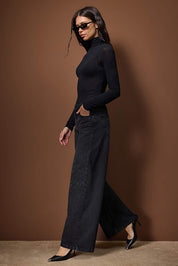 Chic Black Stone Embellished Mid-Rise Wide Leg Denim Jeans