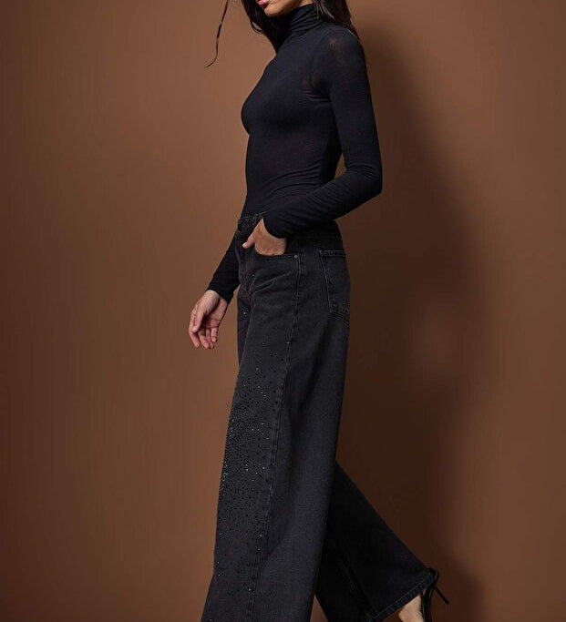 Chic Black Stone Embellished Mid-Rise Wide Leg Denim Jeans