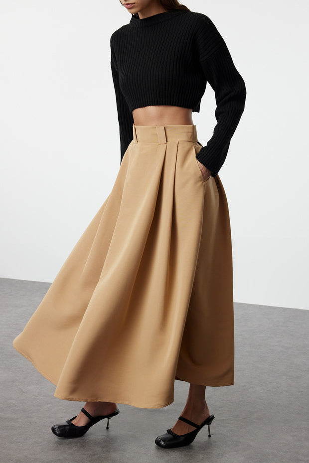 Mink Pleated Maxi Length Woven Skirt