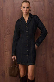 Turn everyday style into a statement with AtikaStyle’s dark denim button-front mini dress. A flattering fit with long sleeves and pearl-style buttons for a chic finish.