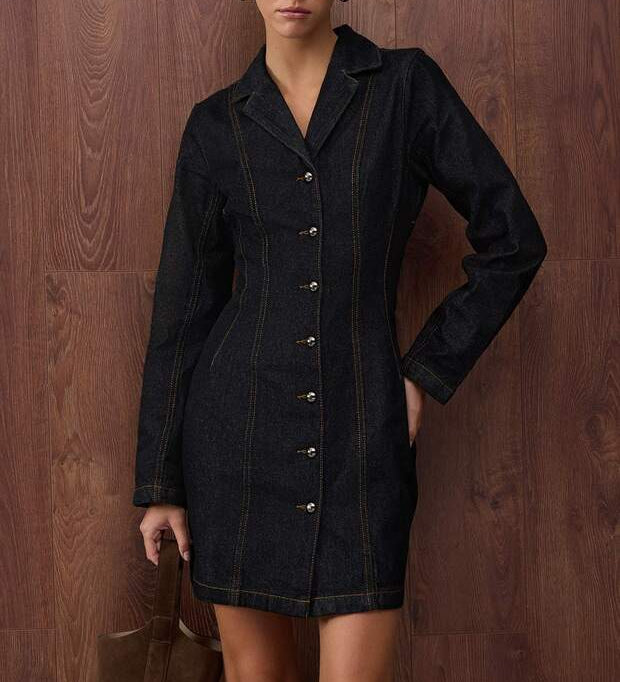 Turn everyday style into a statement with AtikaStyle’s dark denim button-front mini dress. A flattering fit with long sleeves and pearl-style buttons for a chic finish.