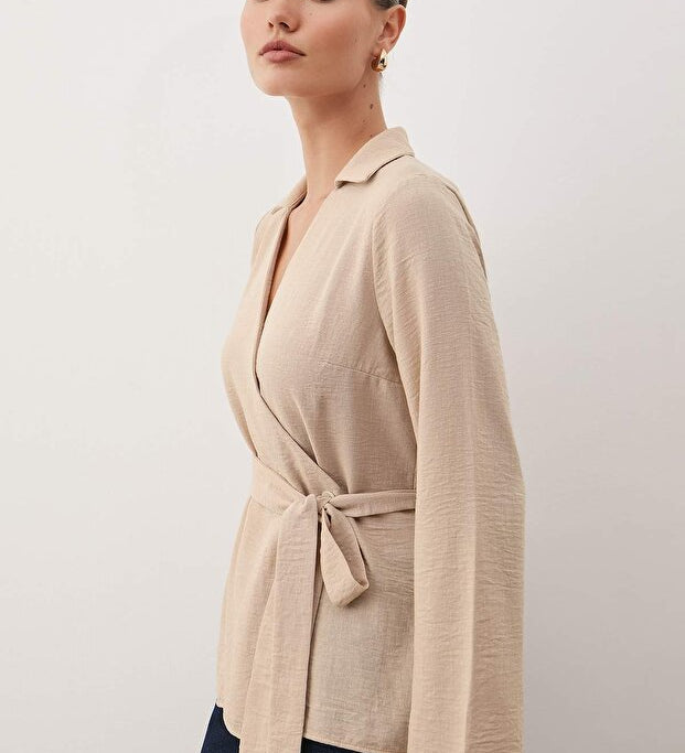 Chic Gray V-Neck Wrap Blouse with Tie Detail Woven Fabric Top