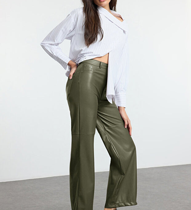 Khaki faux leather pants, Flare fit | AtikaStyle