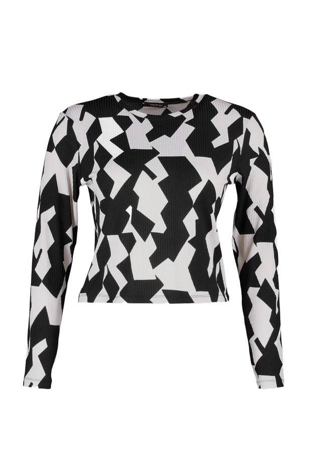 Black & Beige Geometric Print Long Sleeve Top – AtikaStyle