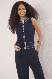 Women’s Sleeveless White Knit Vest – Gold Button Front Cardigan Top | Atikastyle