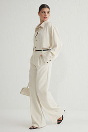 Women’s High-Waisted Beige Wide-Leg Trousers – Tailored Workwear Pants | Atikastyle