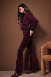  Women’s high-waist burgundy velvet flare pants in soft plush fabric — AtikaStyle”

