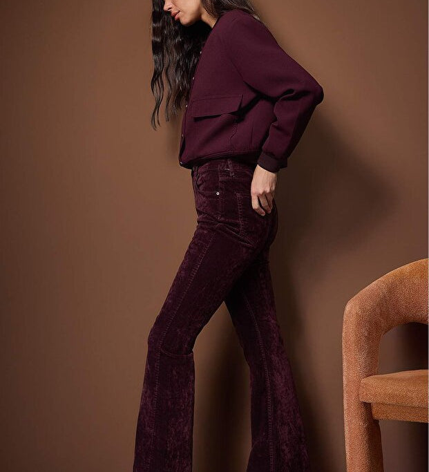  Women’s high-waist burgundy velvet flare pants in soft plush fabric — AtikaStyle”

