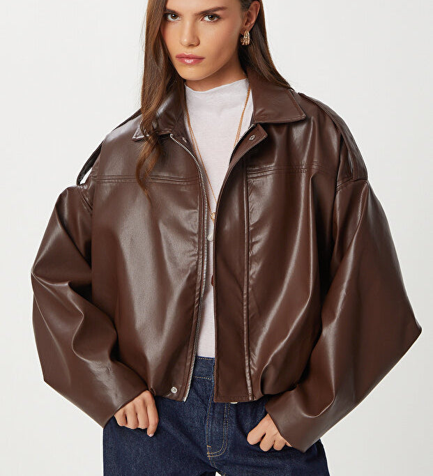 Brown faux leather oversized bomber jacket — front view, zip closed — AtikaStyle