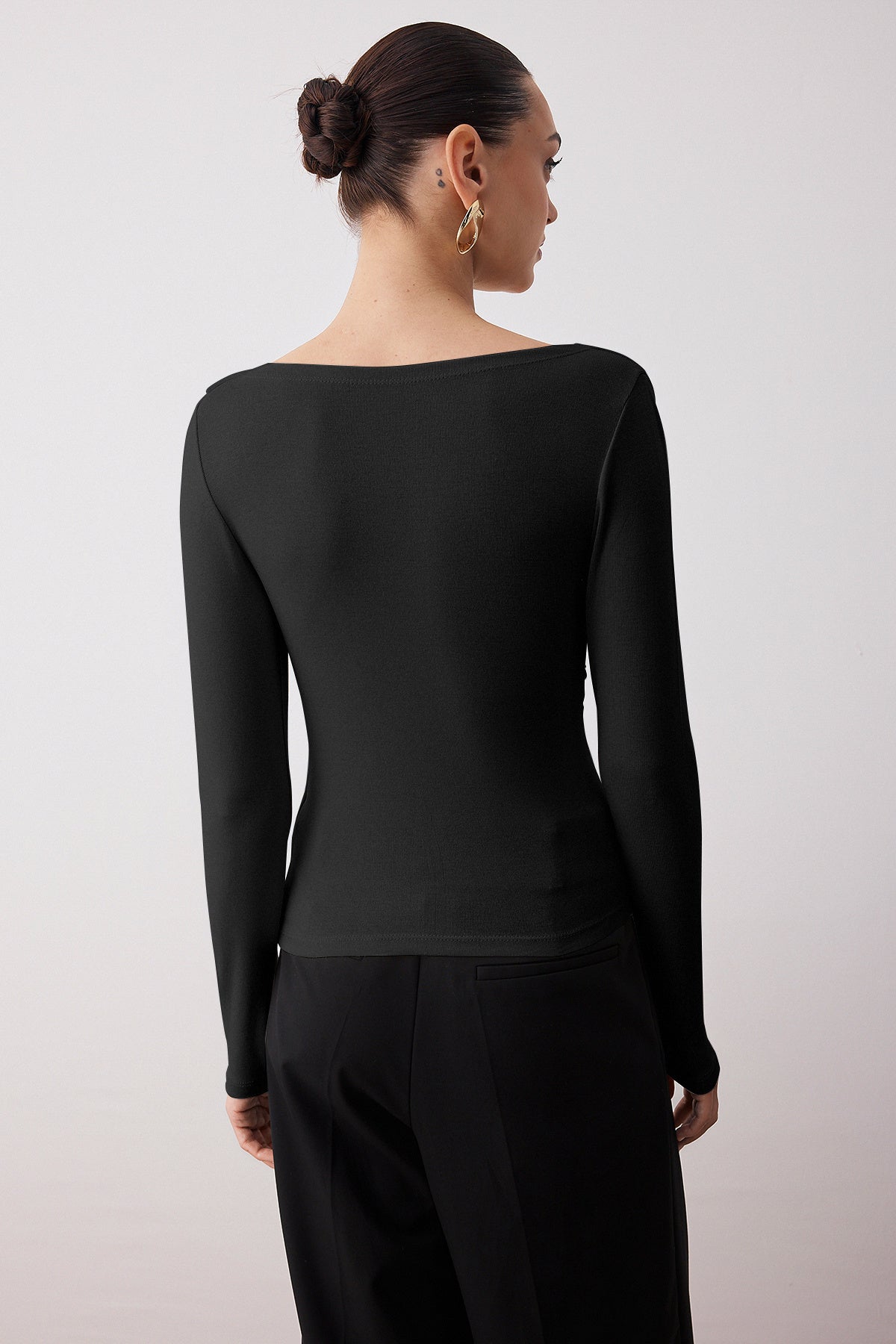 Women's Black Fitted Asymmetric Neck Soft Stretchy Knit Blouse
