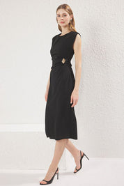 Black Midi Knit Bodycon Dress with Accessory Detail