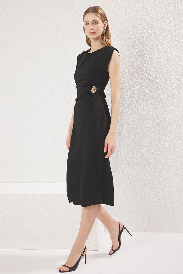 Black Midi Knit Bodycon Dress with Accessory Detail