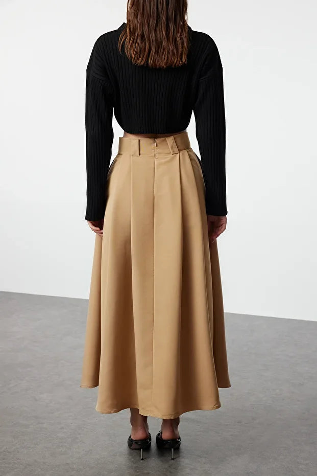 Mink Pleated Maxi Length Woven Skirt