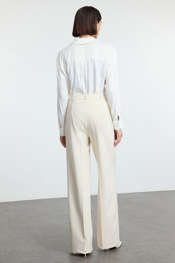 Women’s High-Waisted Beige Wide-Leg Trousers – Tailored Workwear Pants | Atikastyle