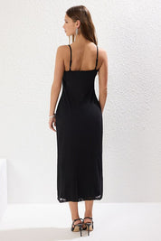 Women’s Black Floral Slip Dress – Lace Trim Midi Cami Dress | Atikastyle