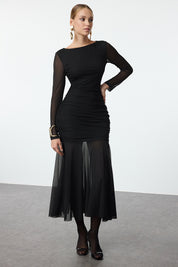 Elegant Black Bodycon Tulle Knit Maxi Dress for Evening & Graduation