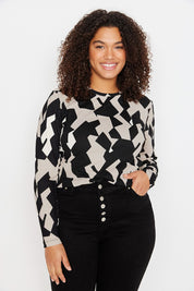 Black & Beige Geometric Print Long Sleeve Top – AtikaStyle
