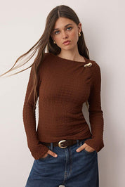 White Textured Long Sleeve Top with Gold Accent – AtikaStyle