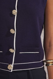 Women’s Sleeveless White Knit Vest – Gold Button Front Cardigan Top | Atikastyle