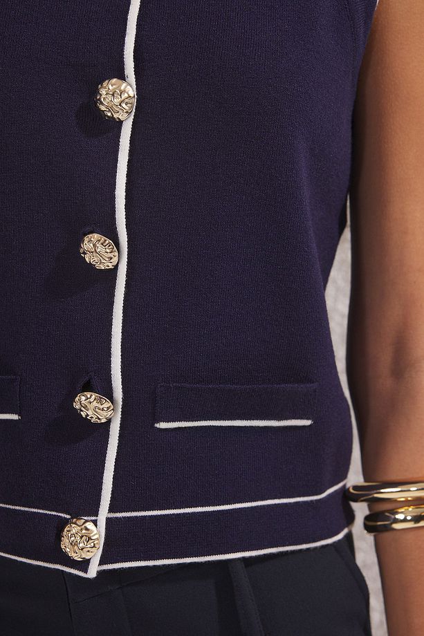 Women’s Sleeveless White Knit Vest – Gold Button Front Cardigan Top | Atikastyle