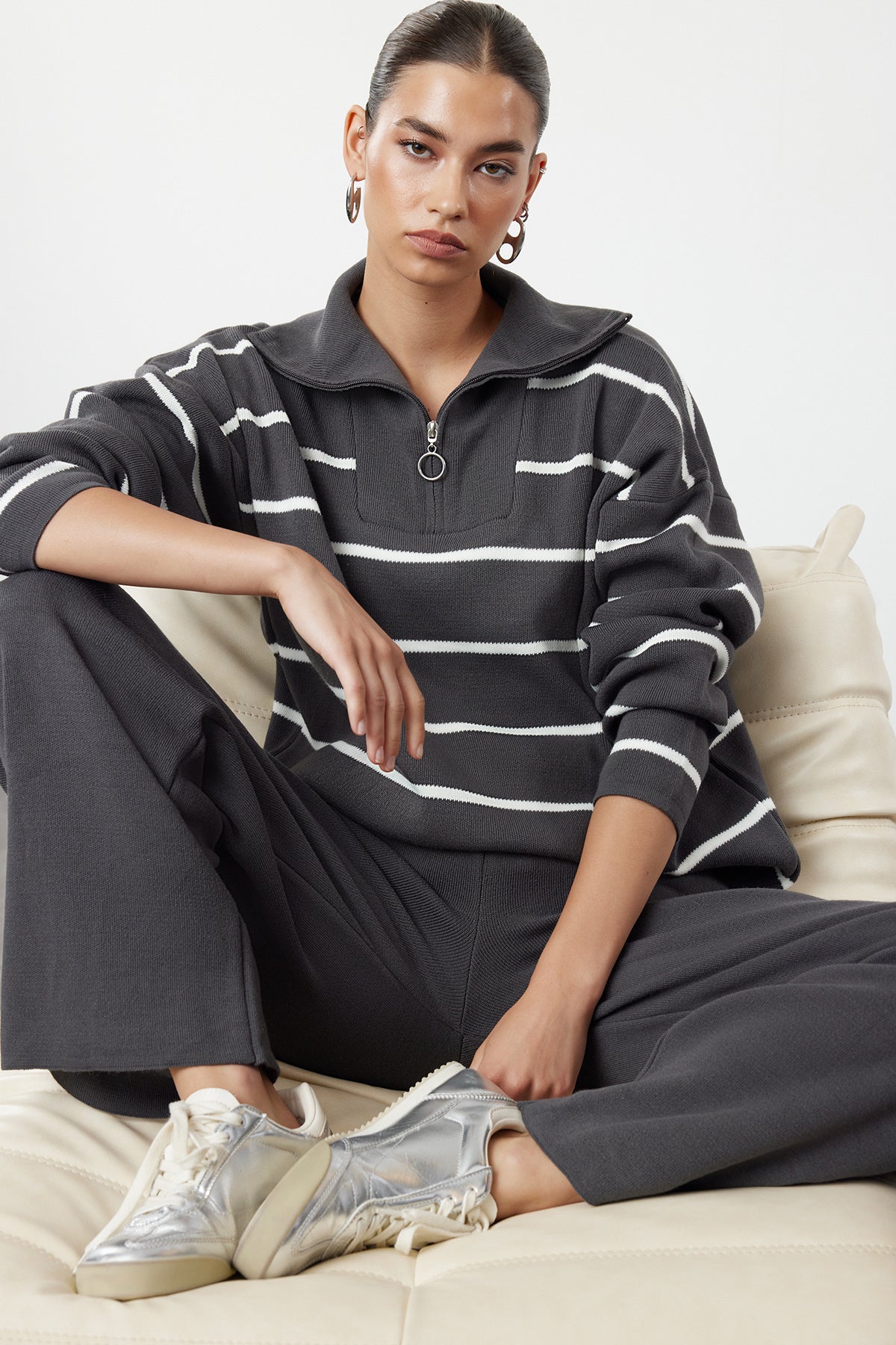 Charcoal striped knit lounge set with wide-leg pants for women | AtikaStyle