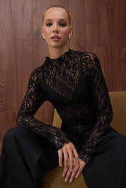 Black Sheer Lace Long-Sleeve Top – AtikaStyle
