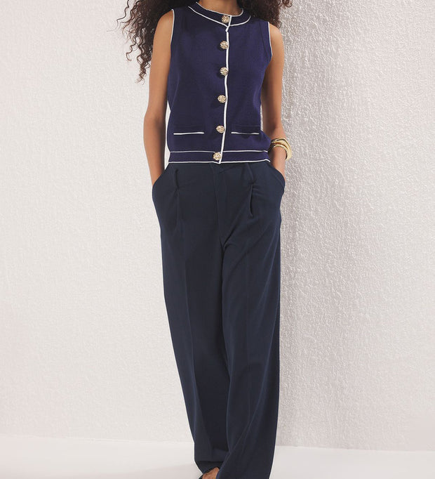 Women’s Sleeveless White Knit Vest – Gold Button Front Cardigan Top | Atikastyle