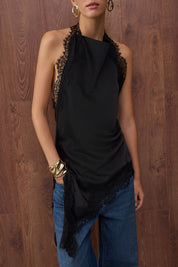 Elegant Black Satin Cowl Neck Asymmetric Party Blouse Trendyolmilla Collection