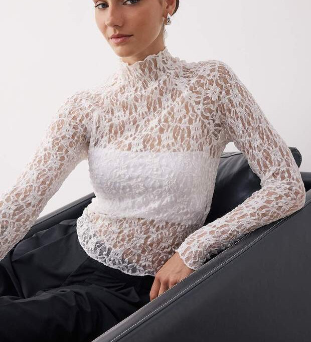 Black Sheer Lace Long-Sleeve Top – AtikaStyle