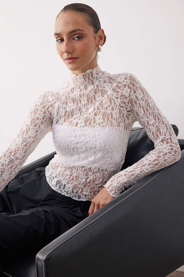 Black Sheer Lace Long-Sleeve Top – AtikaStyle