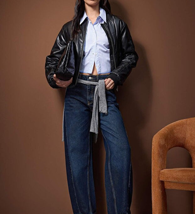 Trendyolmilla Dark Blue High Waist Stitch Detail Barrel Jeans