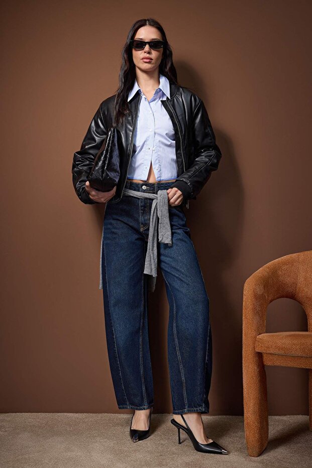 Trendyolmilla Dark Blue High Waist Stitch Detail Barrel Jeans