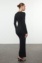 Elegant Black Cut-Out Knitted Maxi Dress for Chic Evening & Prom