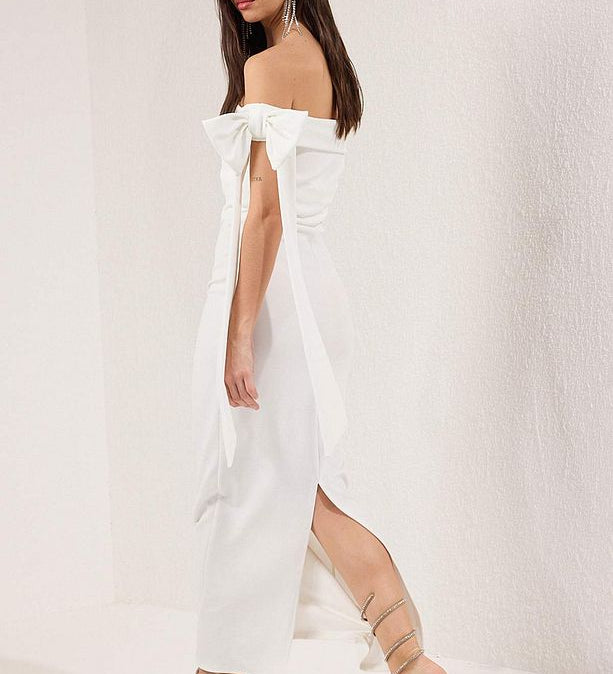 Black Off-Shoulder Midi Dress with White Bow – Elegant Cocktail & Evening Dress