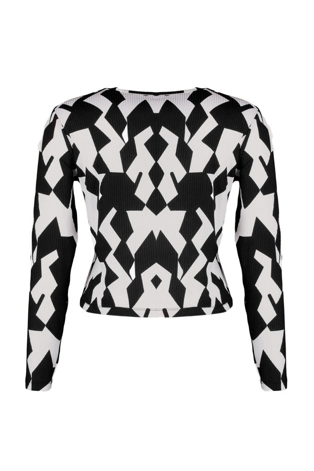 Black & Beige Geometric Print Long Sleeve Top – AtikaStyle